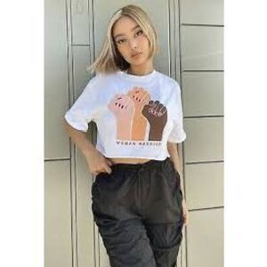 Fashion Nova Woman Warrior Crop Top White Graphic Tee Size M NWT NEW Feminist Em